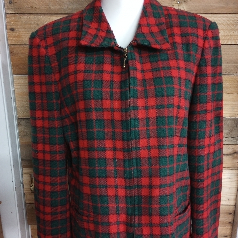 Vintage Norton Mcnaughton Zip Plaid Wool Blend Red Green Blazer Jacket 14 *